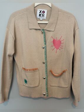 Kerri Rosenthal Beige Knit Cardigan with Pink Heart Detail